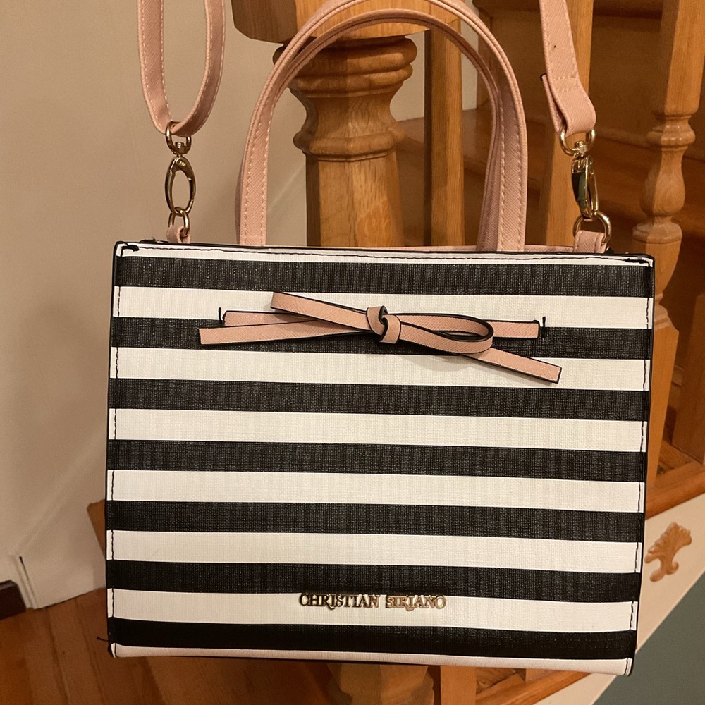 CHRISTIAN SIRIANO PINSTRIPED BAG CROSSBODY CONVERTIBLE PURSE BLACK WHITE PINK - Picture 2 of 11